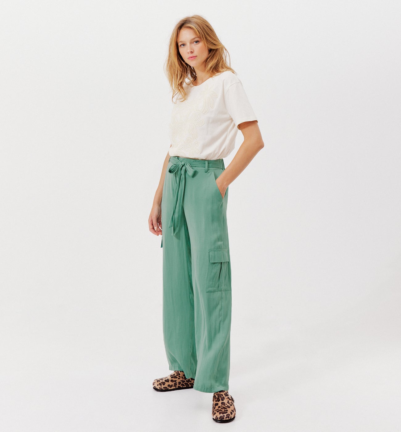 Pantalon cargo en satin Femme - Turquoise