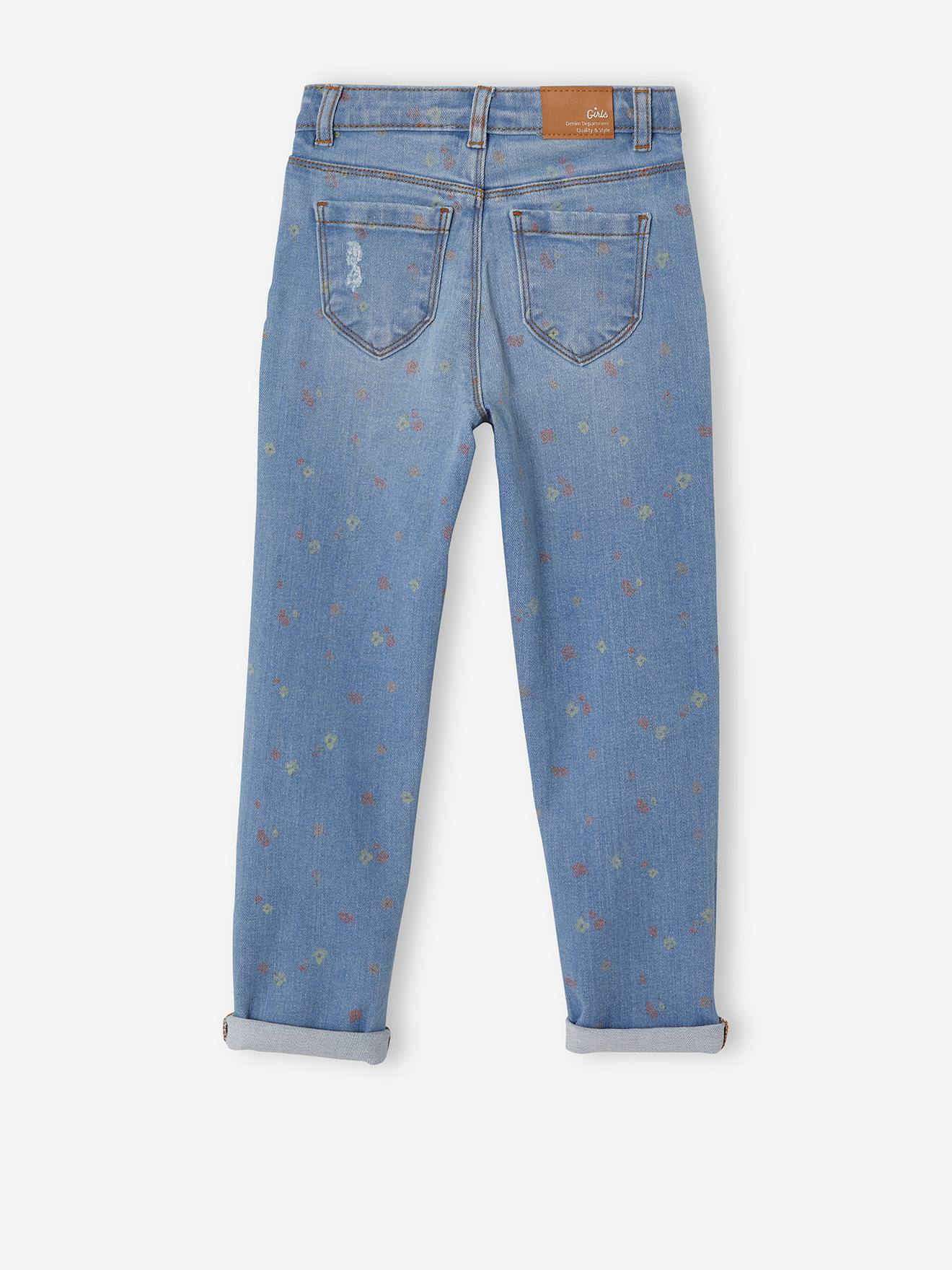 Calça jeans reta com detalhes desgastados, para menina, lavagem azul média