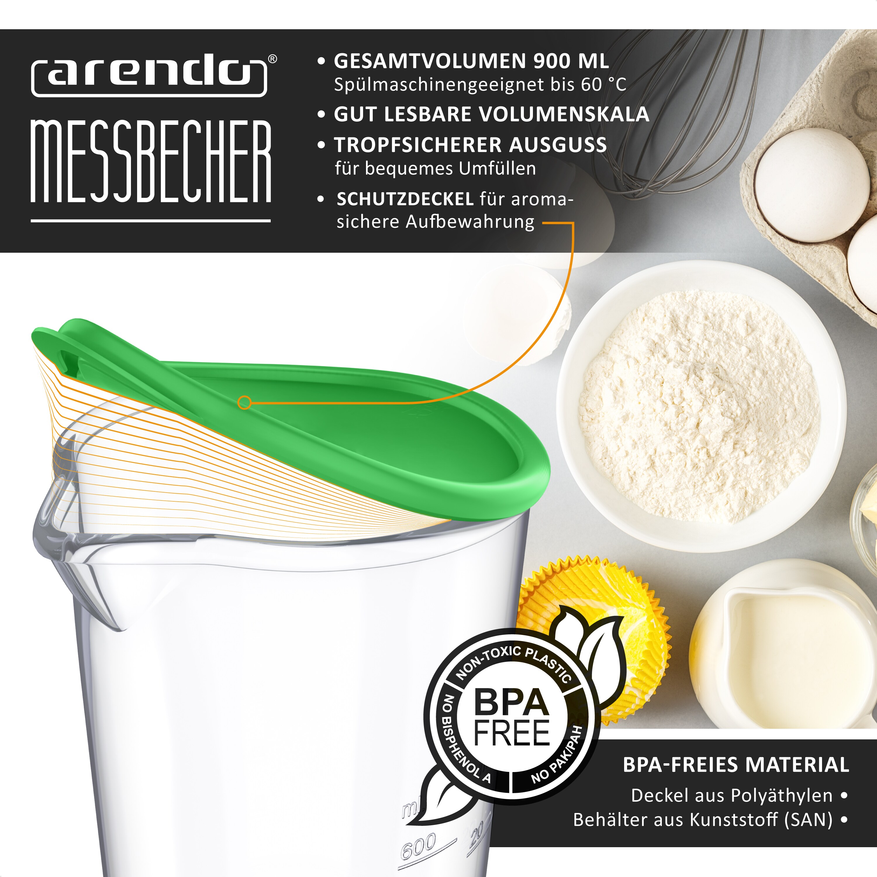 Arendo 600 ml Messbecher, für Handrührer & Handmixer geeignet, mit Verschlusskappe, Transparent