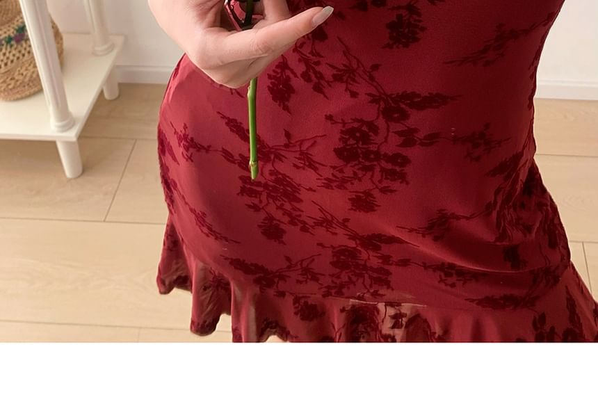 Honmizz - Mini-jurk van mesh met spaghettibandjes, V-hals en bloemenmotief