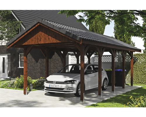 SKAN HOLZ Wallgau enkele carport inclusief daklatten en H-paalankers, 380 x 750 cm, notenhout