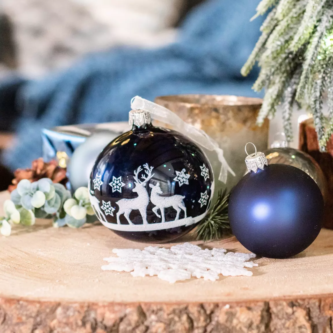 Lot de 6 boules de Noël en verre (D80 mm) Sous la neige Bleu nuit
