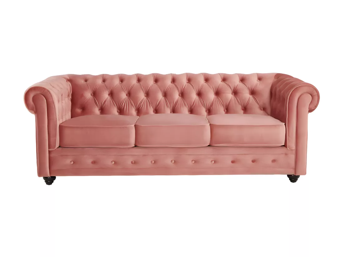 Canapé 3 places et 2 fauteuils CHESTERFIELD - Velours rose pastel