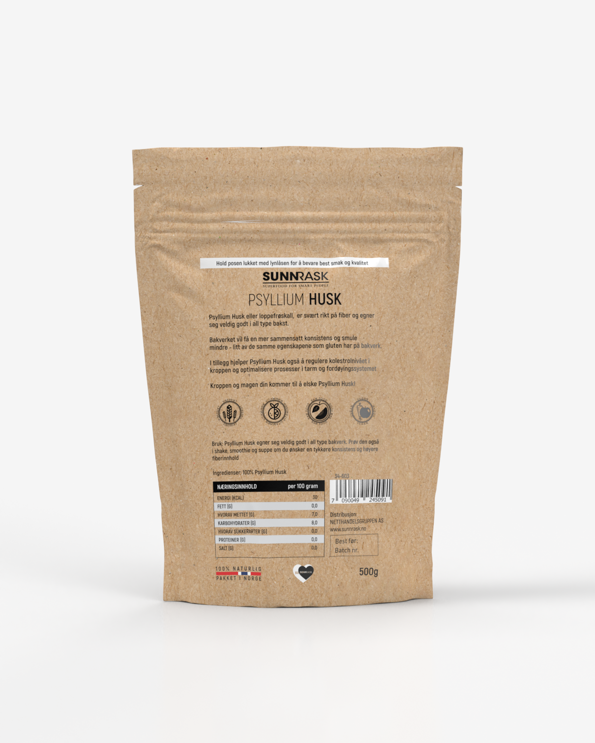 SunnRask Fiberhusk Malte Psylliumfrøskall 500g