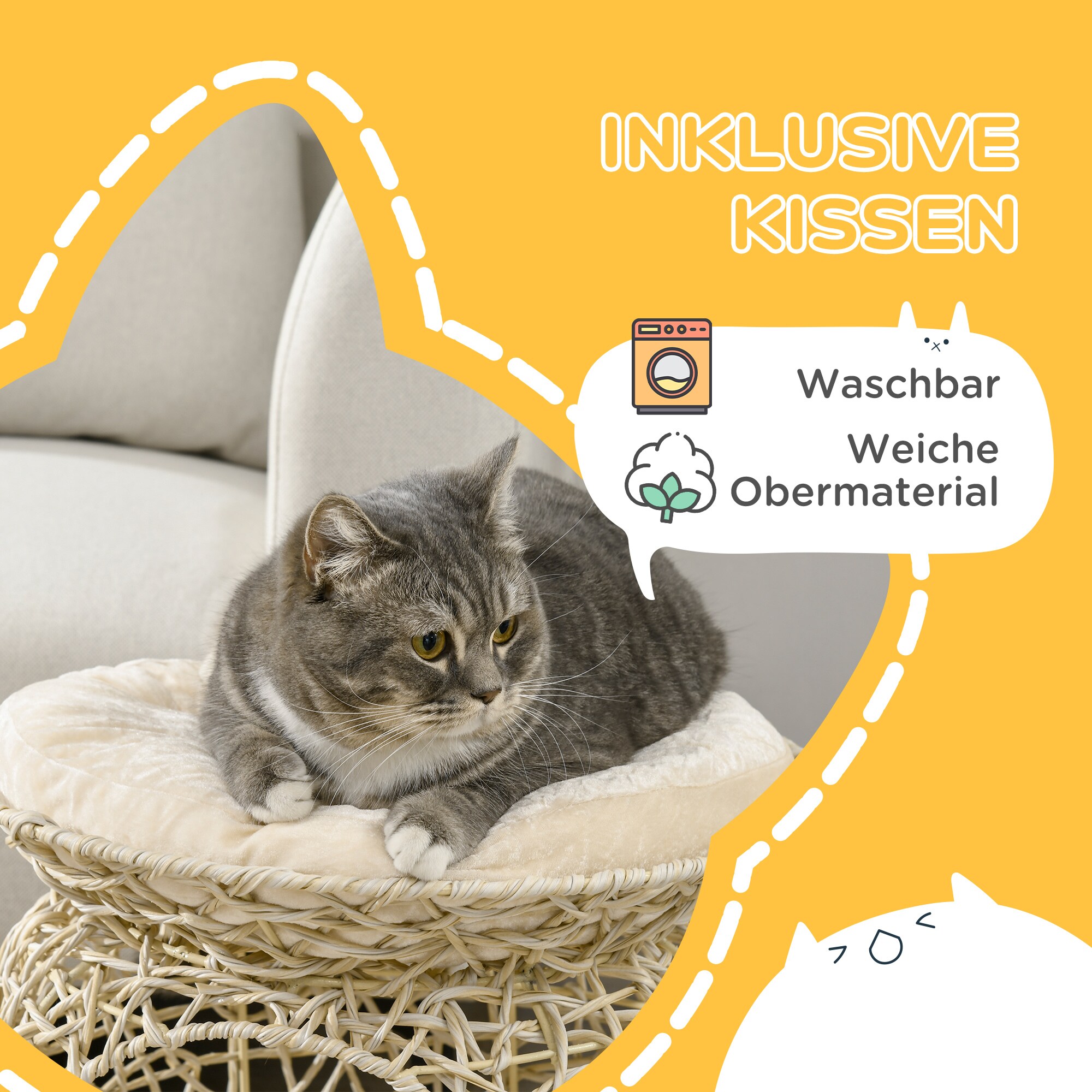 PawHut Rattan Katzenkorb mit Kissen beige 42L x 42B x 40H cm