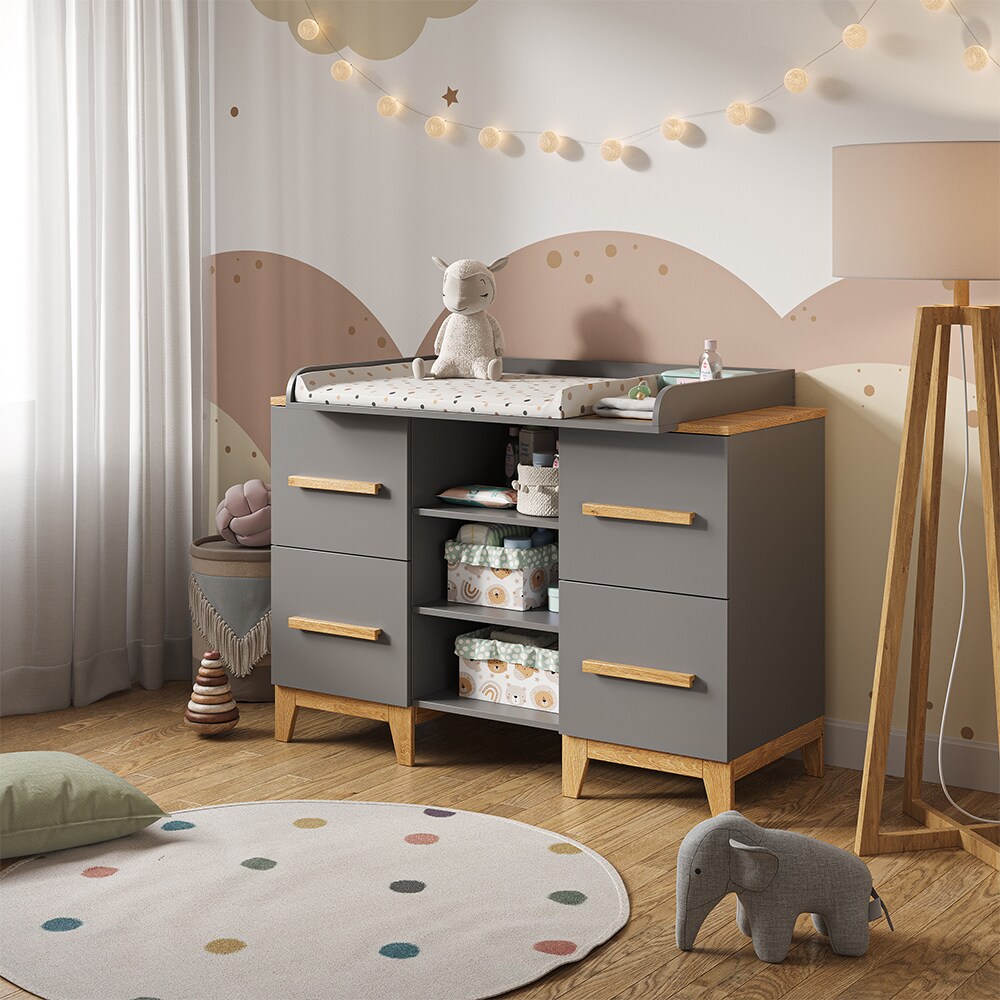 VitaliSpa Wickelkommode Malia XL 133 x 70 cm, Grau Eiche, Wickeltisch, Wickelauflage