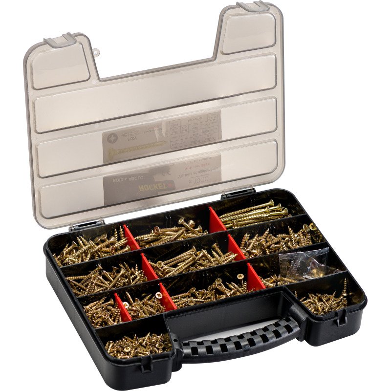 Vis à bois et aggloméré Rocket empreinte Pozi, acier bichromaté - Coffret de 1000 vis + 2 embouts PZ2