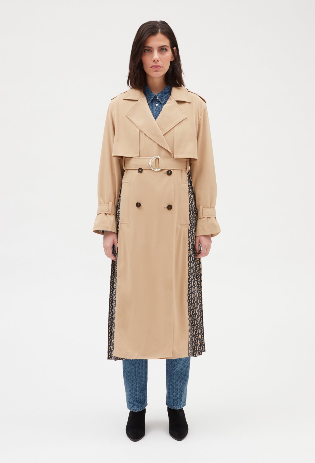 Trench mi-long plisse monogramme beige