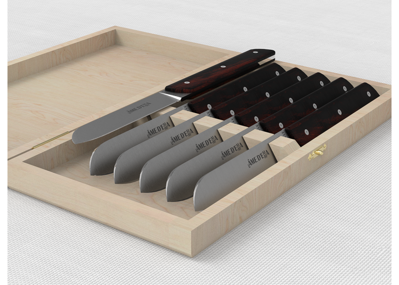 Service de 6 couteaux de table avec un manche en bois d'amourette et lame en acier inoxydable