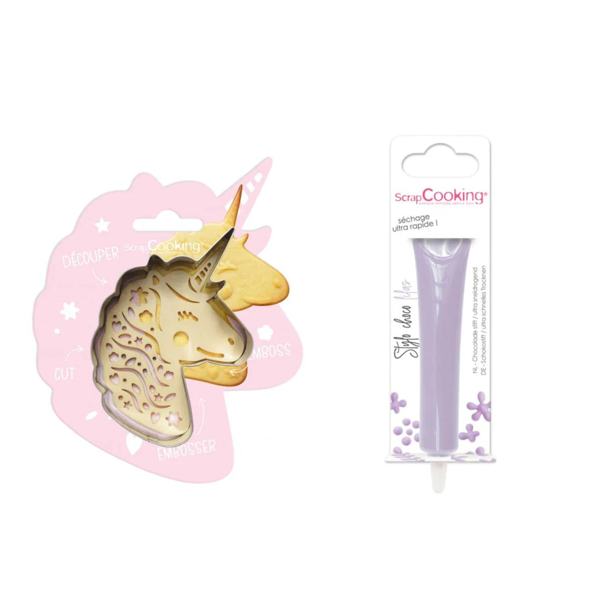 Kit pour biscuit en relief Licorne + Stylo au chocolat lilas Scrapcook
