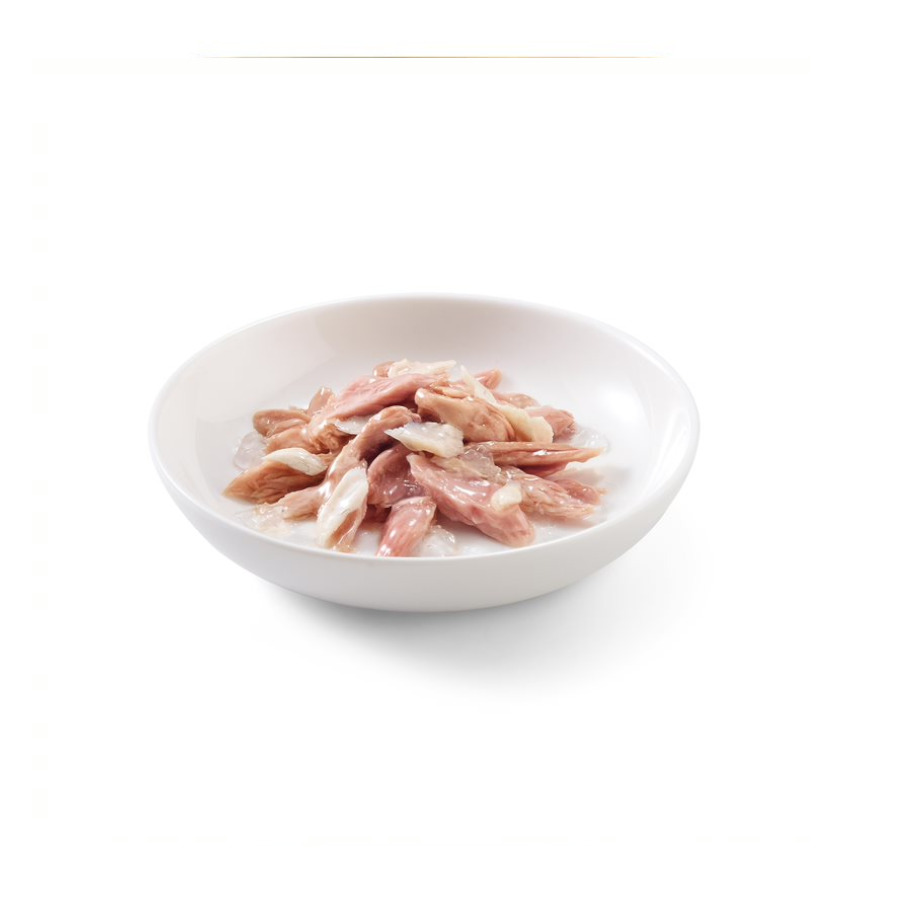 Sachê de 85g de atum e dourada Schesir para gatos adultos.