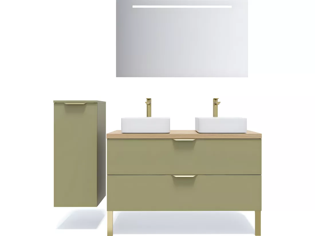 Meuble de salle de bain suspendu 2 vasques à poser 120cm 2 tiroirs Vert olive - Venice