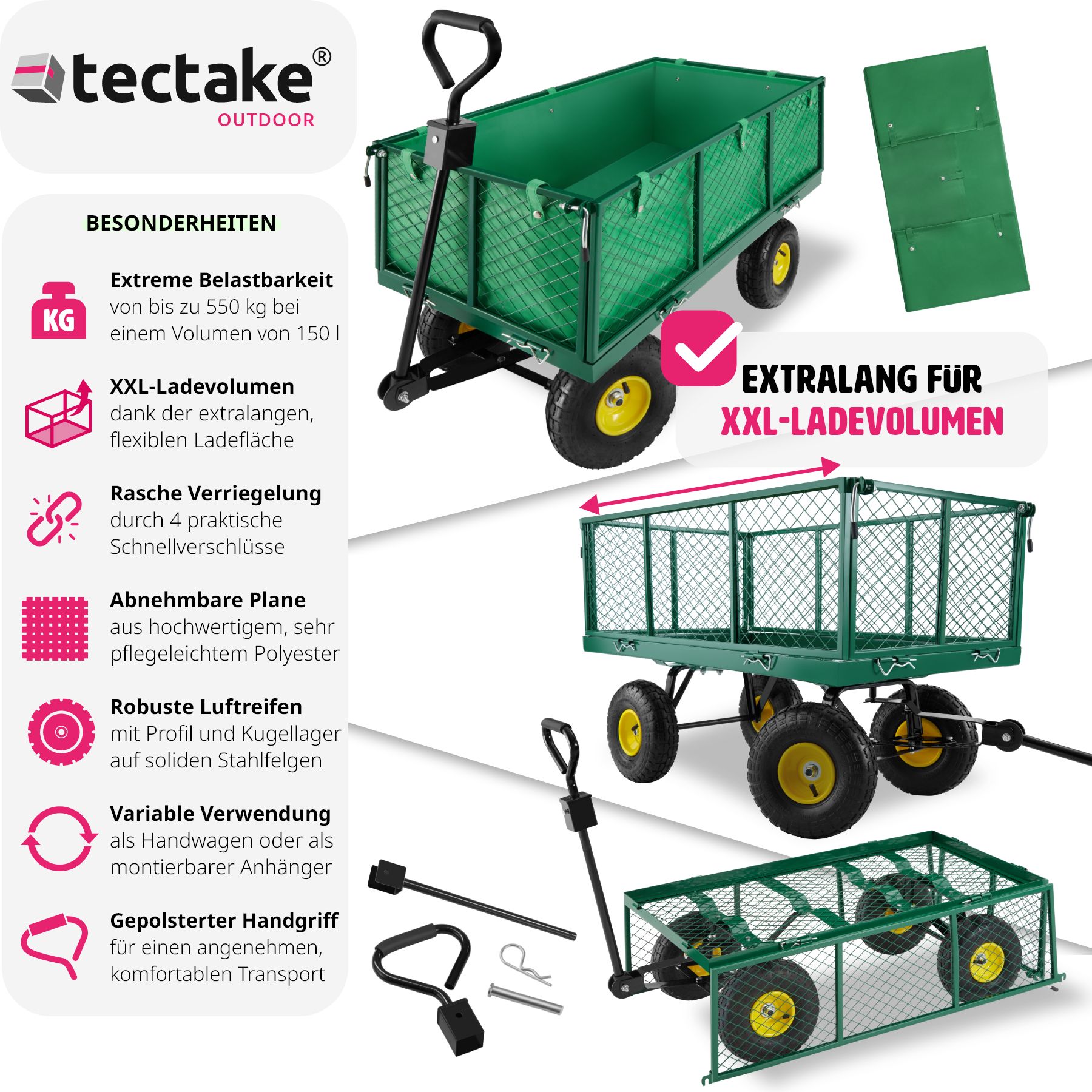 tectake® Bollerwagen, mit klappbaren Seitenwänden, leichtgängige Lenkachse mit gepolstertem Griff, Belastbarkeit 550 kg