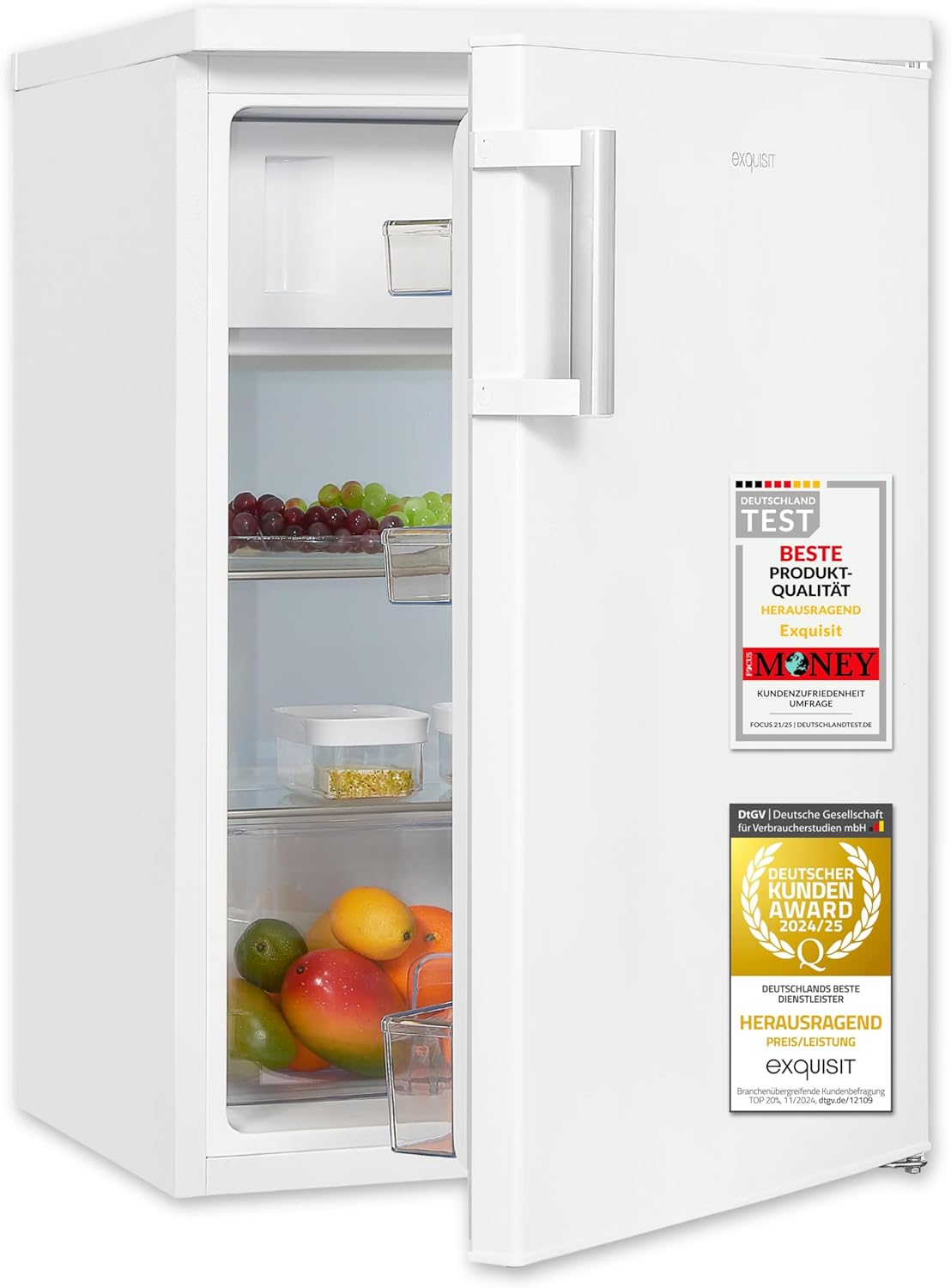 Exquisit Kühlschrank mit Gefrierfach, 120 Liter, 2 Ablagen, Gemüseschublade, 4-Sterne-Gefrierfach, Freistehend, Türanschlag wechselbar, EEK D, KS516-4-H-010D weiss