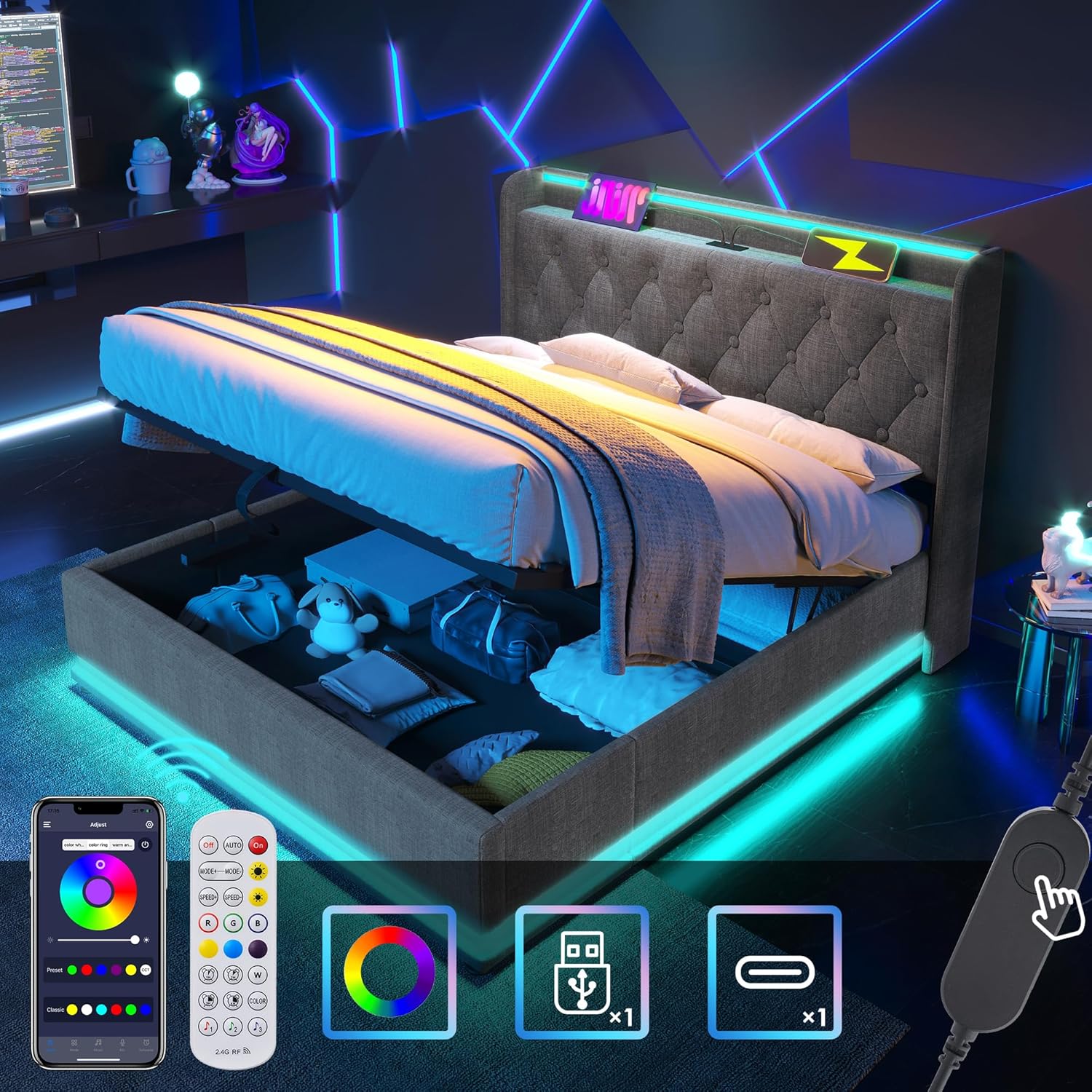 Polsterbett Doppelbett 180x200, LED Jugendbett Hydraulisch Stauraumbett Funktionsbett Bettgestell mit Stauraum & Lattenrost, Kopfteil mit USB Typ-C Ladefunktion & Staufach, Leinen, Ohne Matratze, Grau