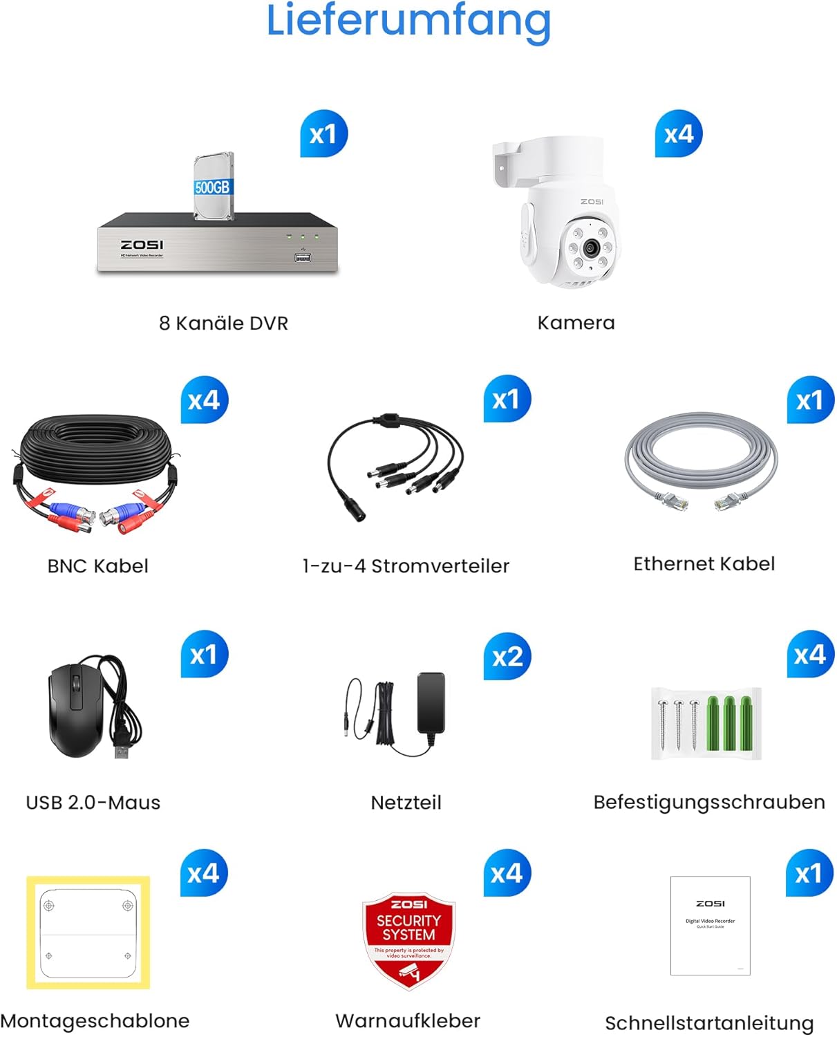 ZOSI 5MP Kabelgebunden Überwachungskamera Set mit Audio, 8CH 500GB DVR und 4X PTZ TVI Aussenkameras, Personen- und Fahrzeugerkennung, Audioaufnahme, IR Nachtsicht