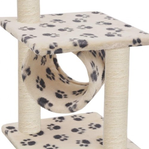 Arranhador bege para gatos com postes de sisal e pegadas de patas.