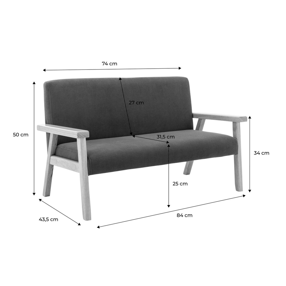 Banquette canapé enfant en bois et velours côtelé kaki. Isak. L 84 x p 43.5 x h 50cm