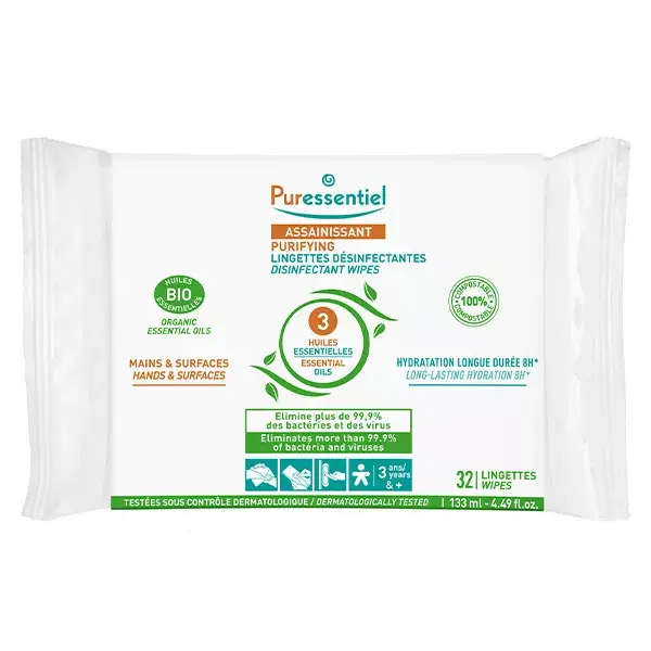Lenços desinfetantes para mãos e superfícies Puressentiel com 3 óleos essenciais, 32 unidades.
