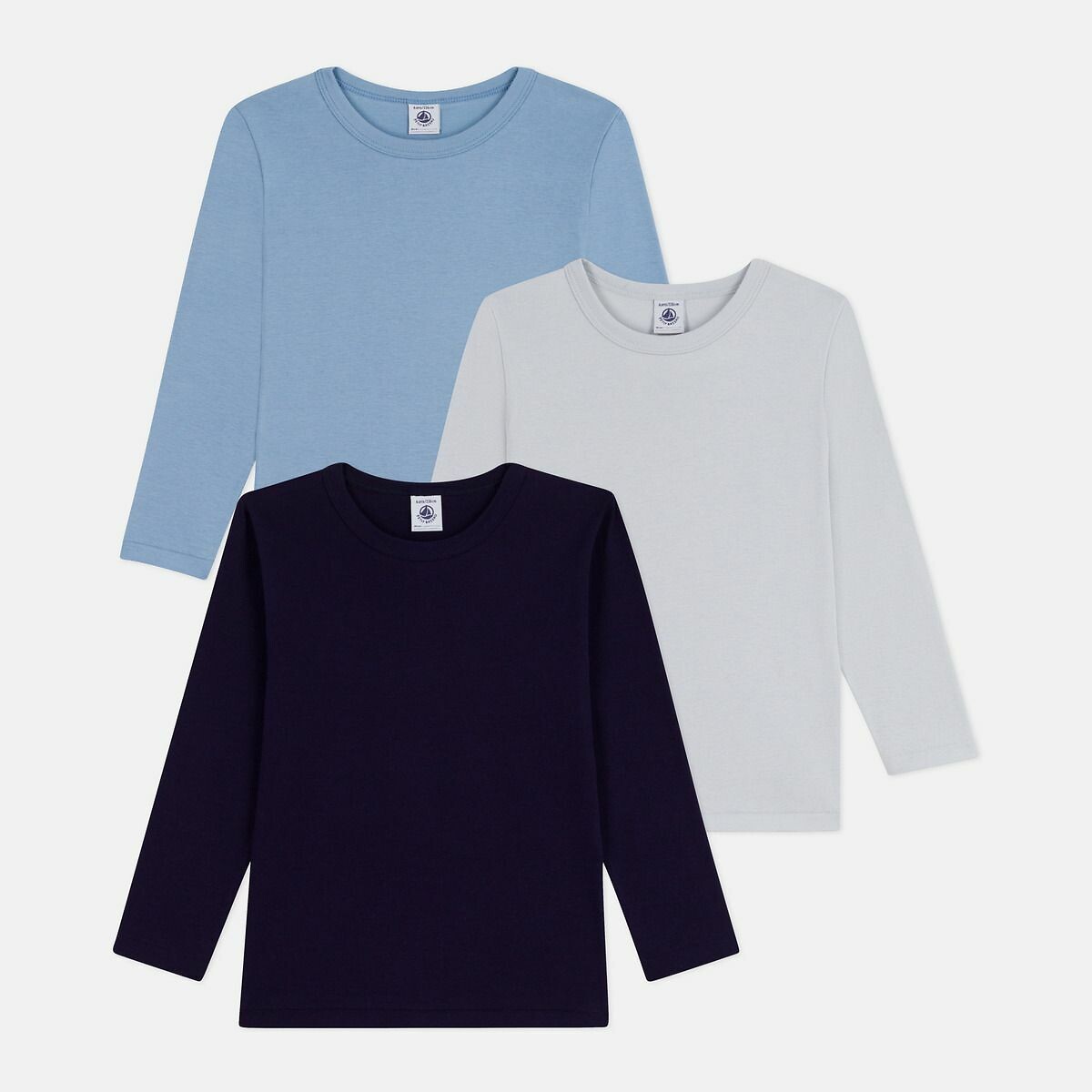 PETIT BATEAU<br>Conjunto de 3 camisetas de algodão de manga comprida
