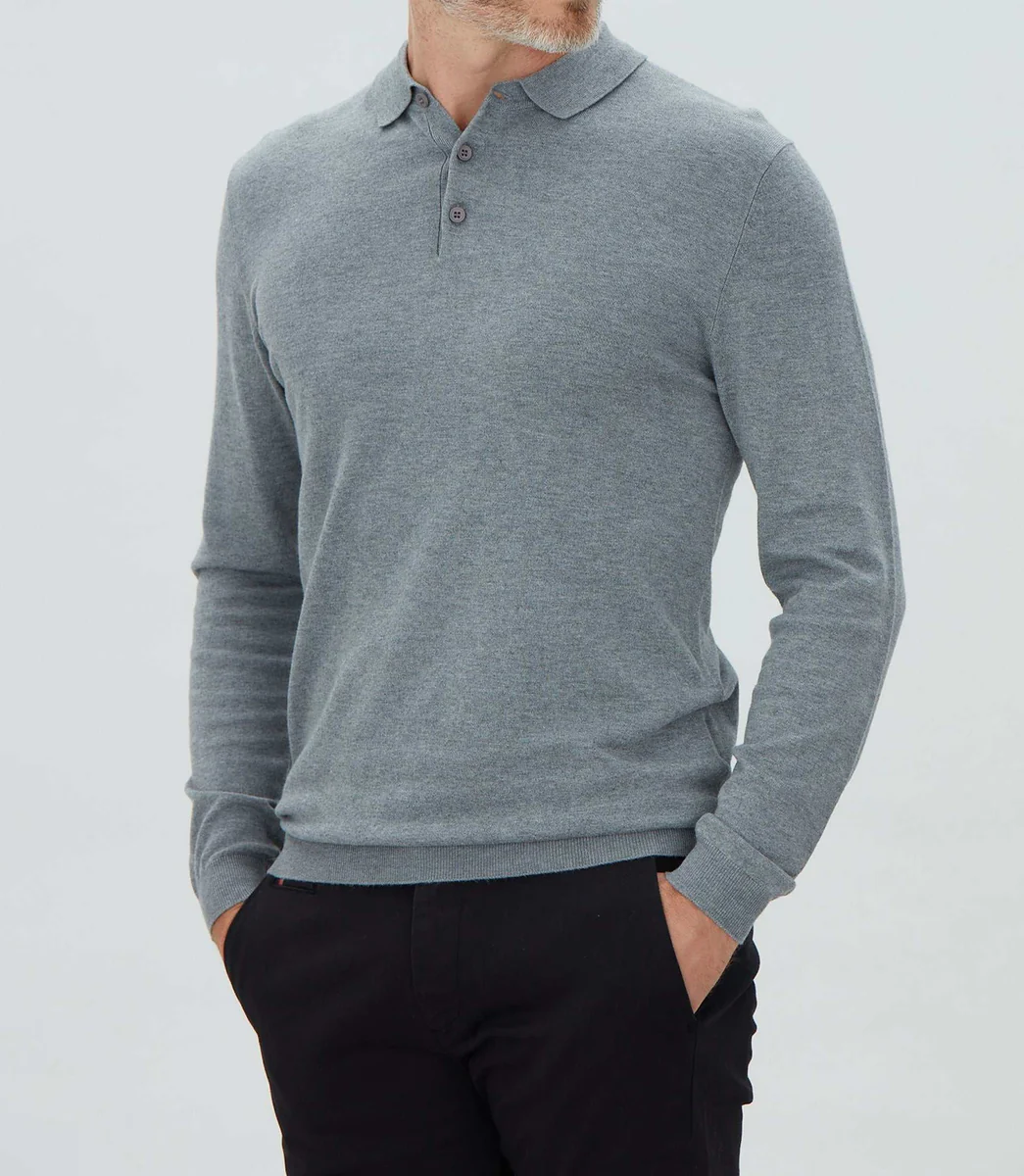 Polo en maille à manches longues gris chiné 