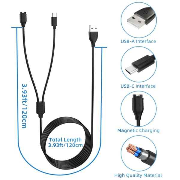 INF Llader for USB-C mobiltelefon og sportsklokke Sort Garmin Fenix, Forerunner, Vivoactive etc. 1.2 m