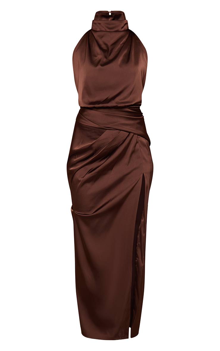 Chocolat Robe Longue En Satin Sans Manches À Col Montant