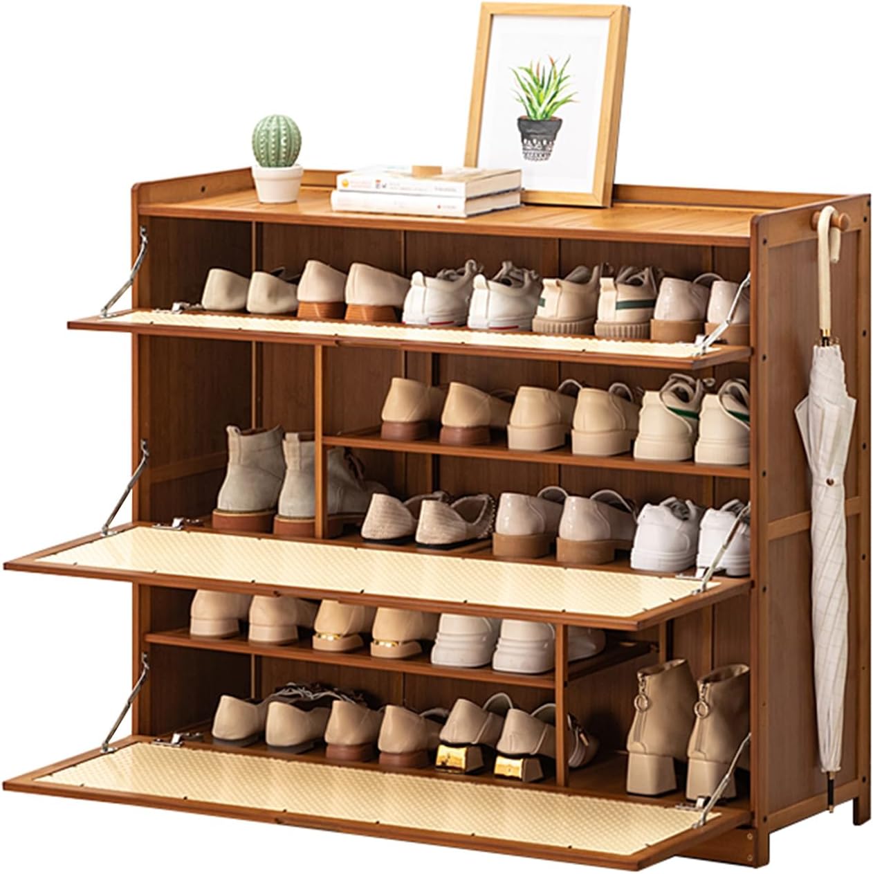 Bambus Schuhschrank mit Klappen, Schuhkipper Schuhschrank mit 2 Haken, Schuhregal Schrank für Flur Wohnzimmer, Eingangsbereich, Breite 33cm