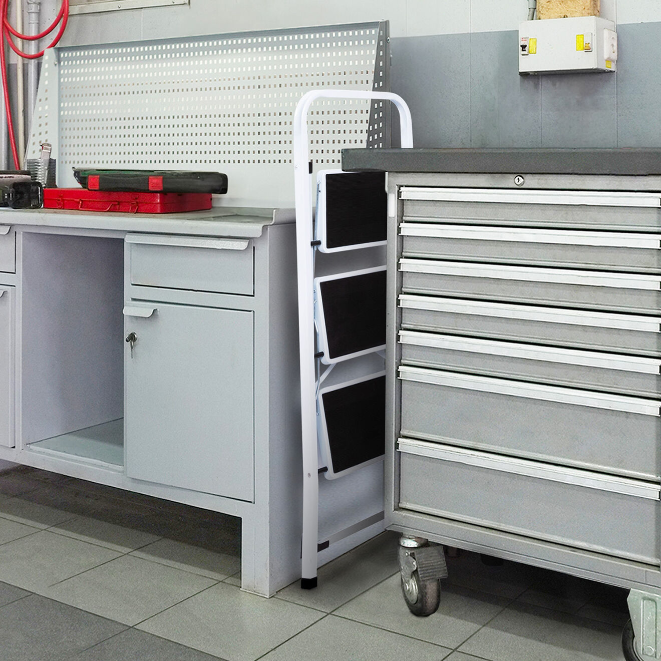 Pratik Garden Marche pieds pliable 3 marches antidérapantes avec garde corps blanc/noir - 44.5x68.5x101.5 cm