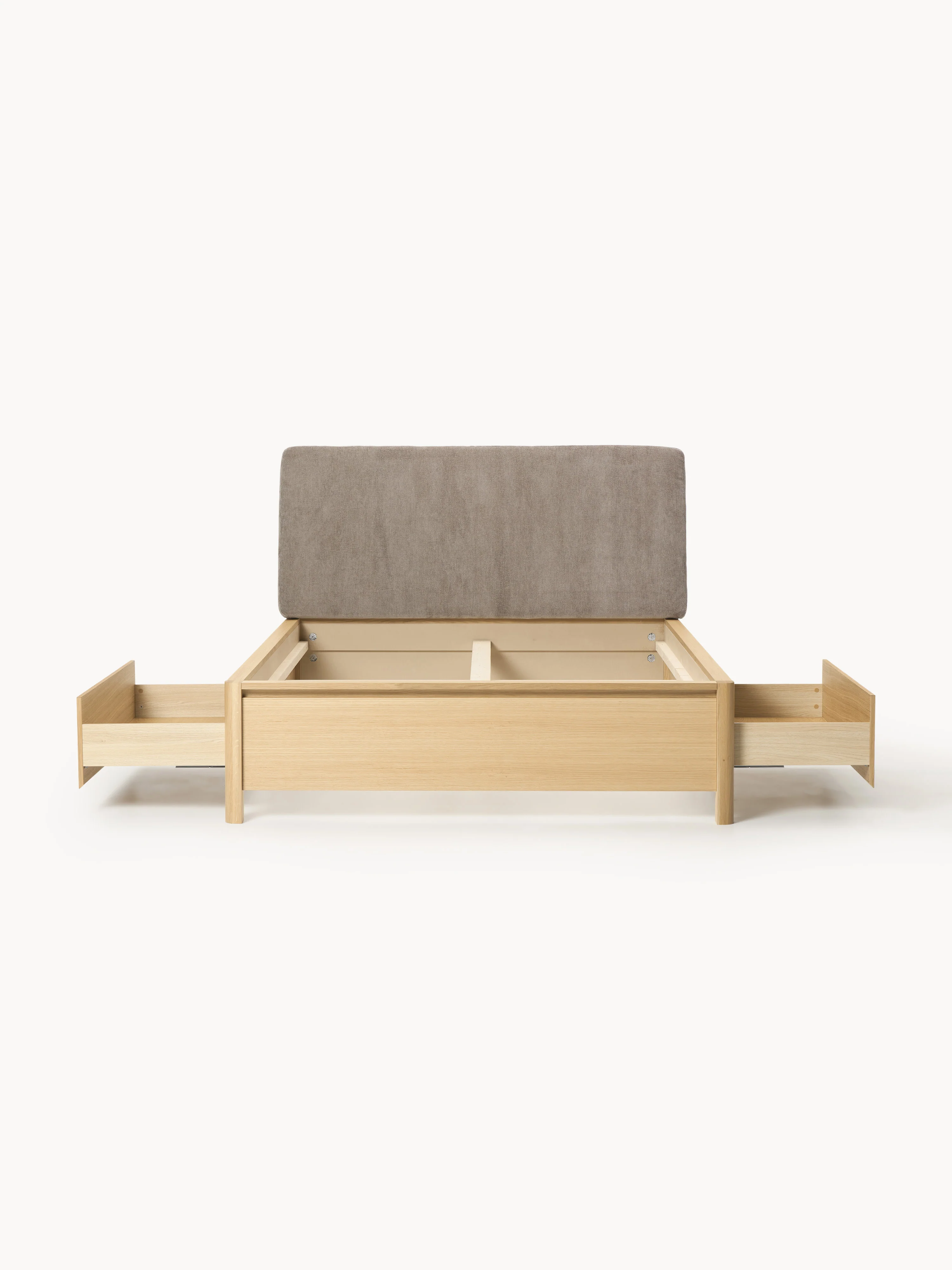 Houten bedframe Santiago met gestoffeerd hoofdeinde en lades