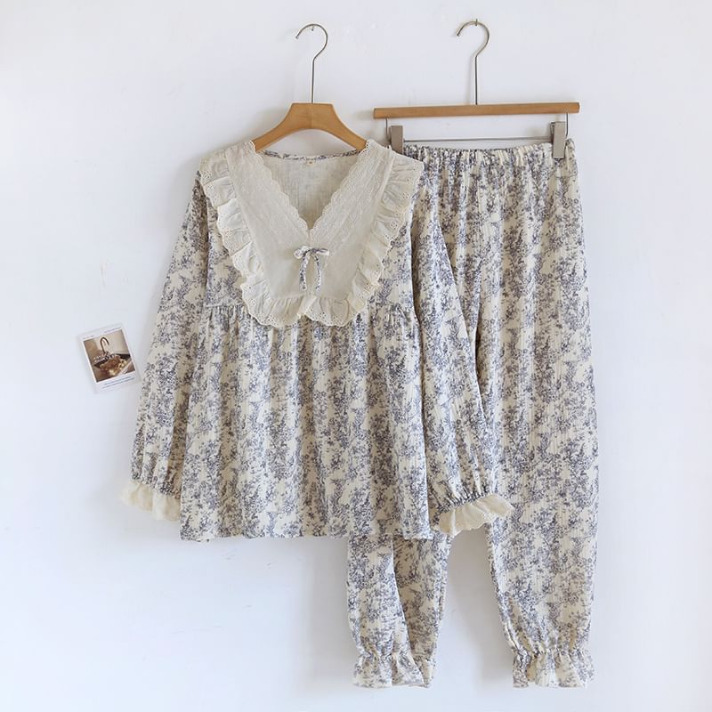 molpes - Pyjamaset: top met lange mouwen, kanten rand en strik + broek