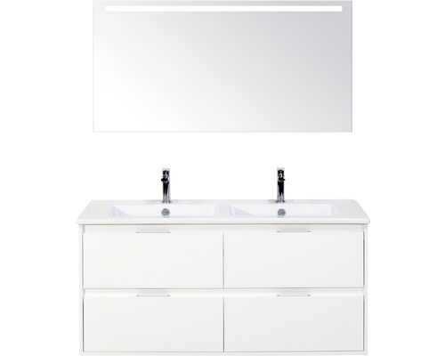 3-delige badkamermeubelset, dubbele wastafel Sanox Porto, BxHxD 121 x 170 x 51 cm, hoogglans witte fronten, met witte keramische wastafel en badmeubel, dubbele wastafel, spiegel met LED-verlichting, 84731301
