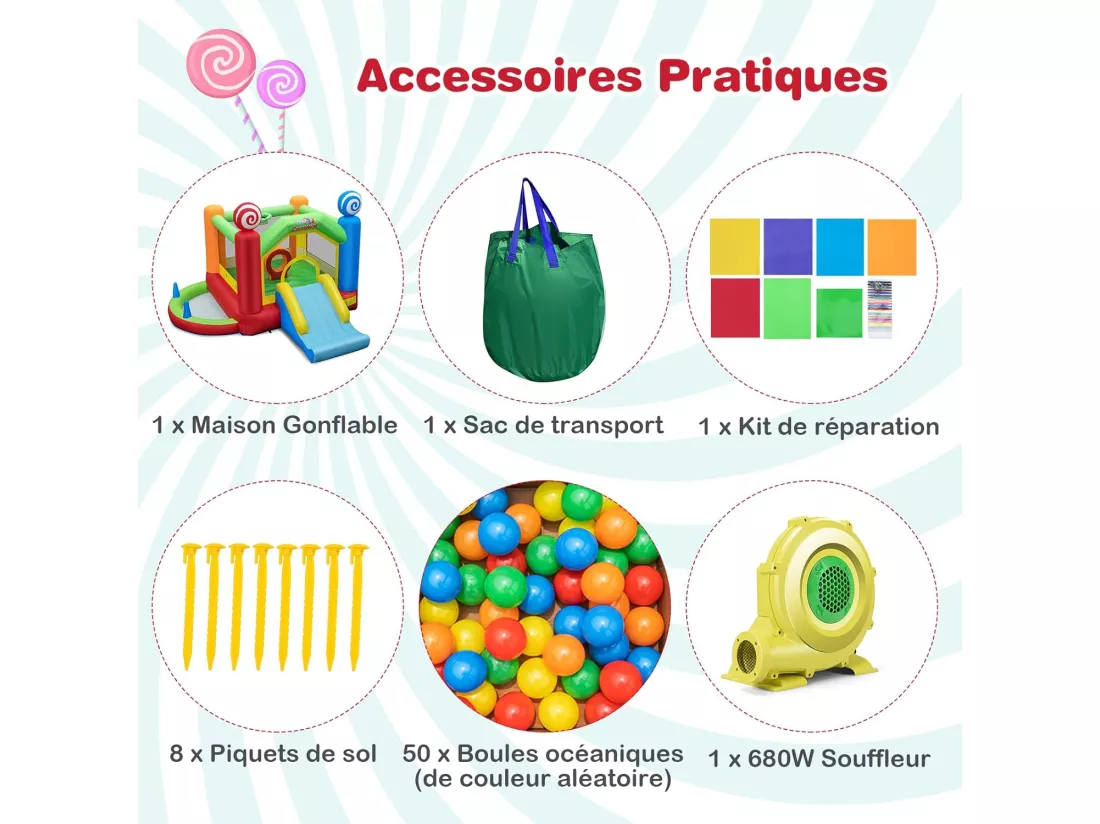 Château Gonflable avec Souffleur 680W, Maison de Saut Géante Intérieure Extérieure avec Toboggan, Décorations de Sucette, 50 Balles Océanique, Panier de Basket-Ball pour Enfants 3 Ans +