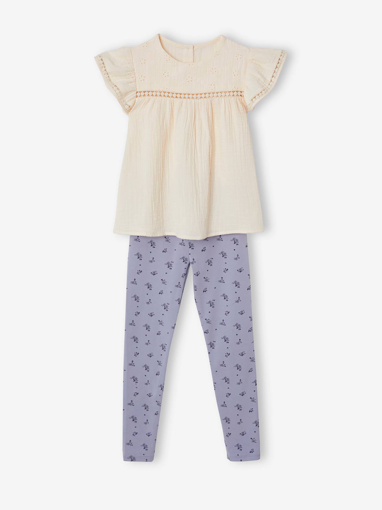 Conjunto de blusa de chiffon de algodão e leggings estampadas para meninas, branco claro liso.