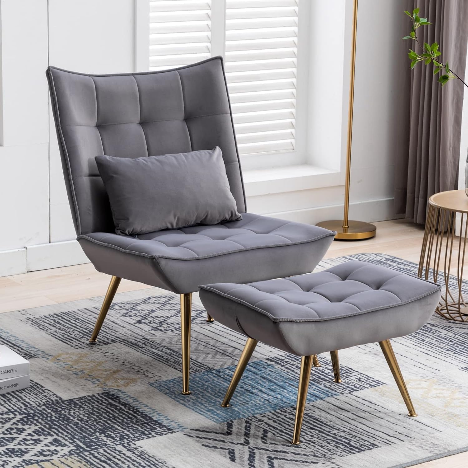 Loungesessel Sessel mit Hocker, Relaxsessel Ohrensessel Polsterstuhl mit Kopfkissen Goldenen Metallbeinen aus Samt, Fernsehsessel Lesesessel für Schlafzimmer Wohnzimmer, Grau