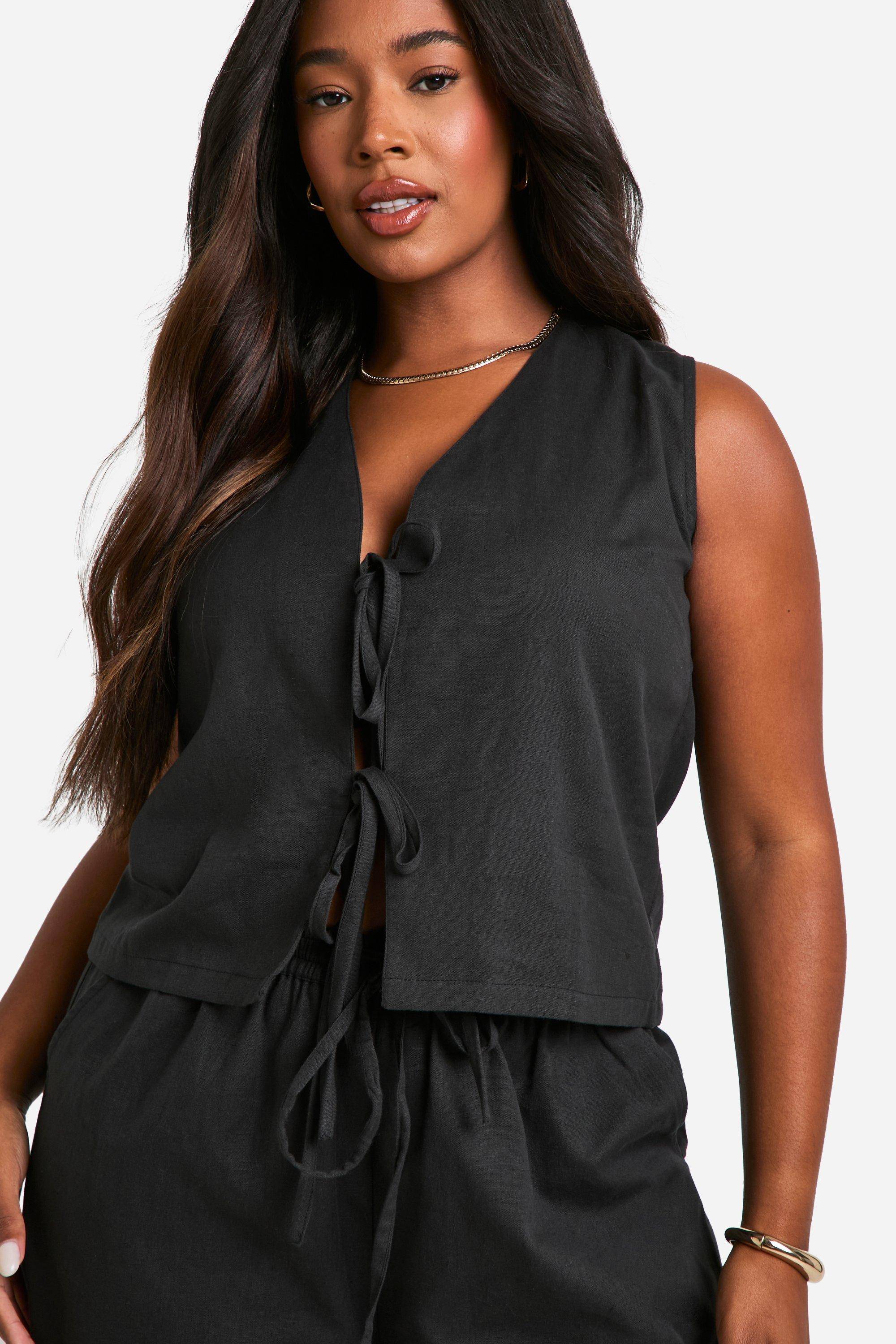 boohoo Plus crop court effet lin en taille plus à nouer à l'avant & Pantalon à jambes larges