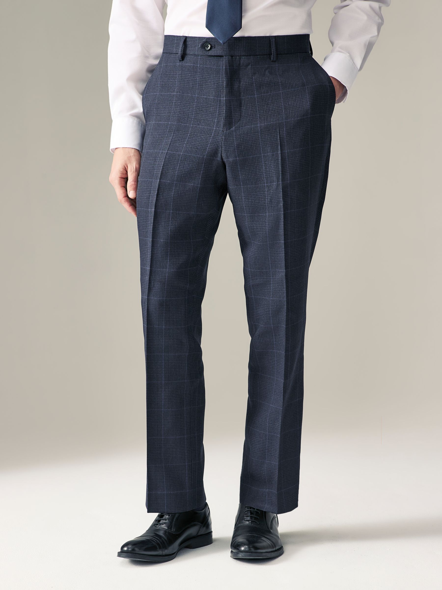 Donkerblauw - Regular Fit Prince of Wales Check Suit Trousers