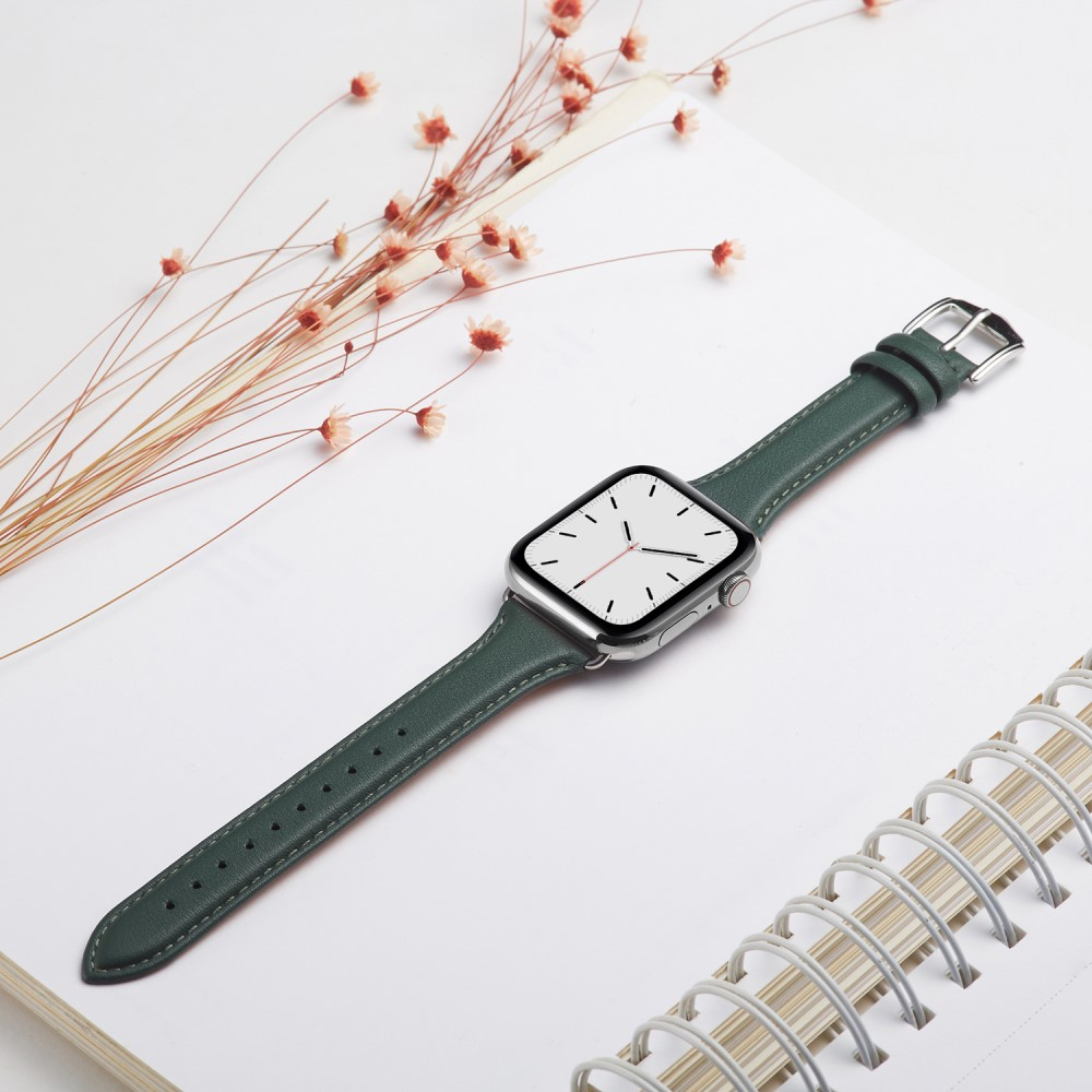 Apple Watch (42/41/40/38 mm) Echtleder Armband Slim mit Dornschliesse (Gelenkumfang: 175-210mm) - Dunkelgrün / Silber