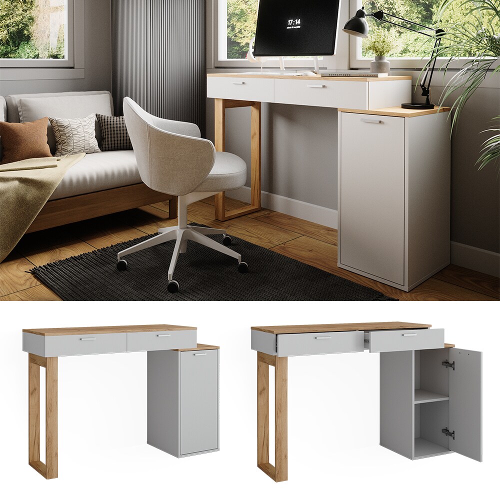 Vicco Schreibtisch Regina Weiß Eiche 130 x 40 cm mit 2 Schubladen