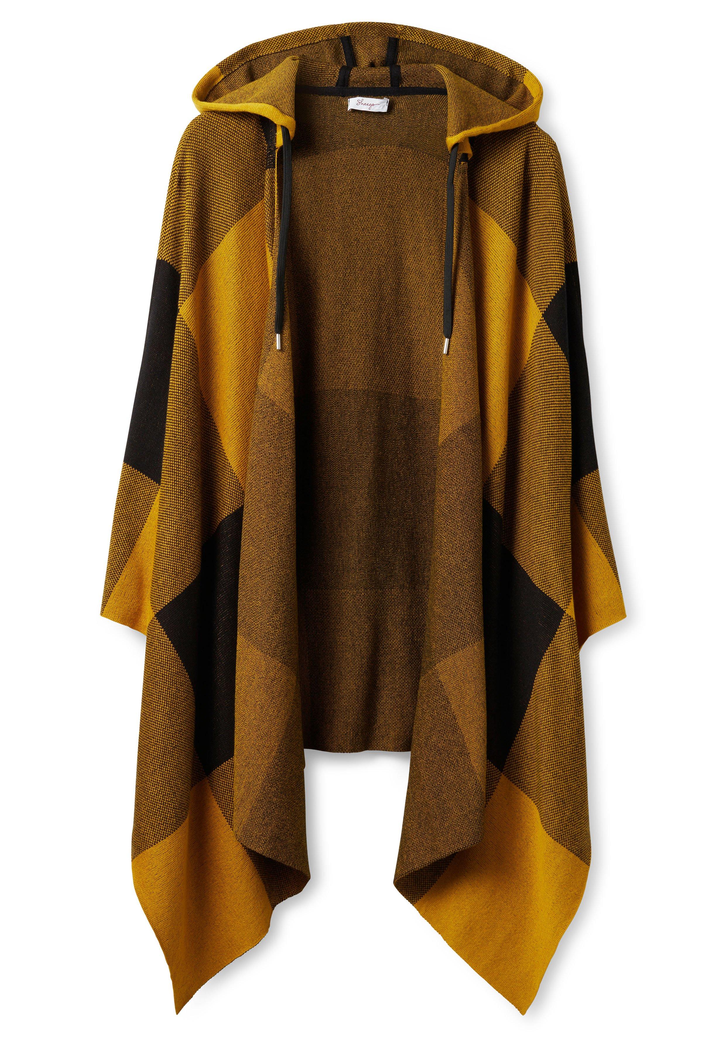 Kariertes Strickcape mit Kapuze und Tunnelzug