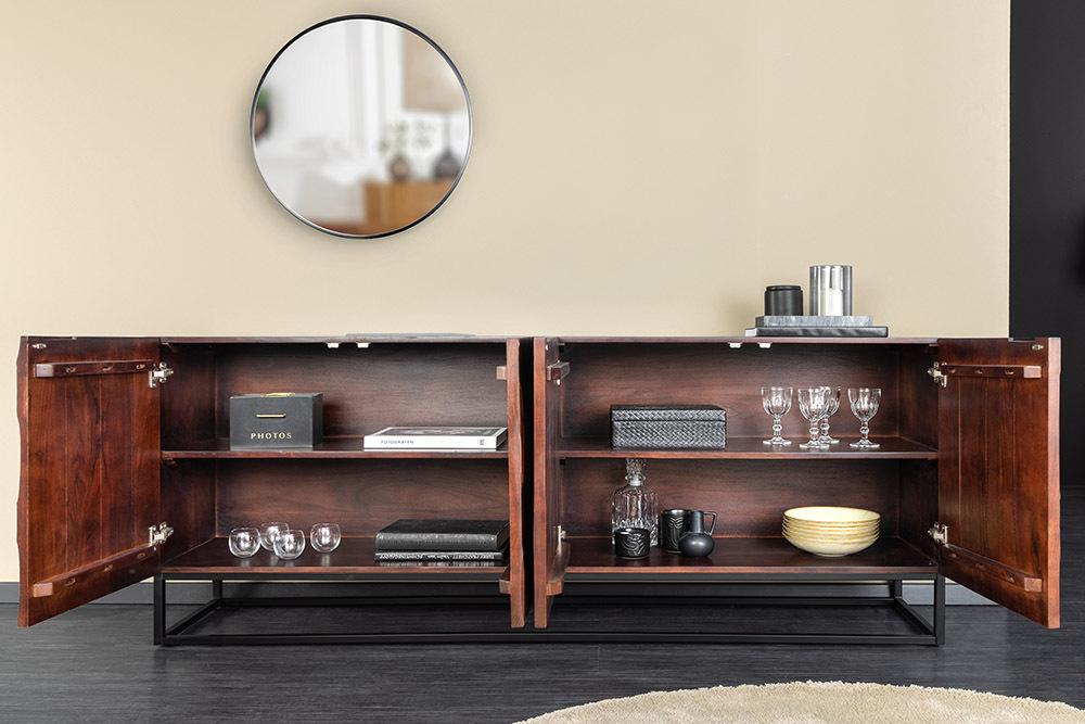 Massives Sideboard DUNE 175cm walnuss-braun Akazienholz 3D-Design schwarz Metall