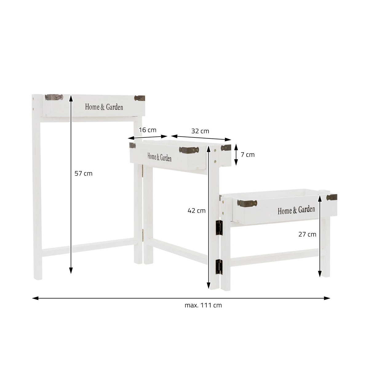 ML-Design 3-laags bloemenstandaard, wit hout, 111 cm, bloembak 32 x 16 x 7 cm, opvouwbaar, rustieke decoratieve bakken, plantenstandaard, bloemenladder, decoratieve plantenplank, plantenstandaard, plantenpot