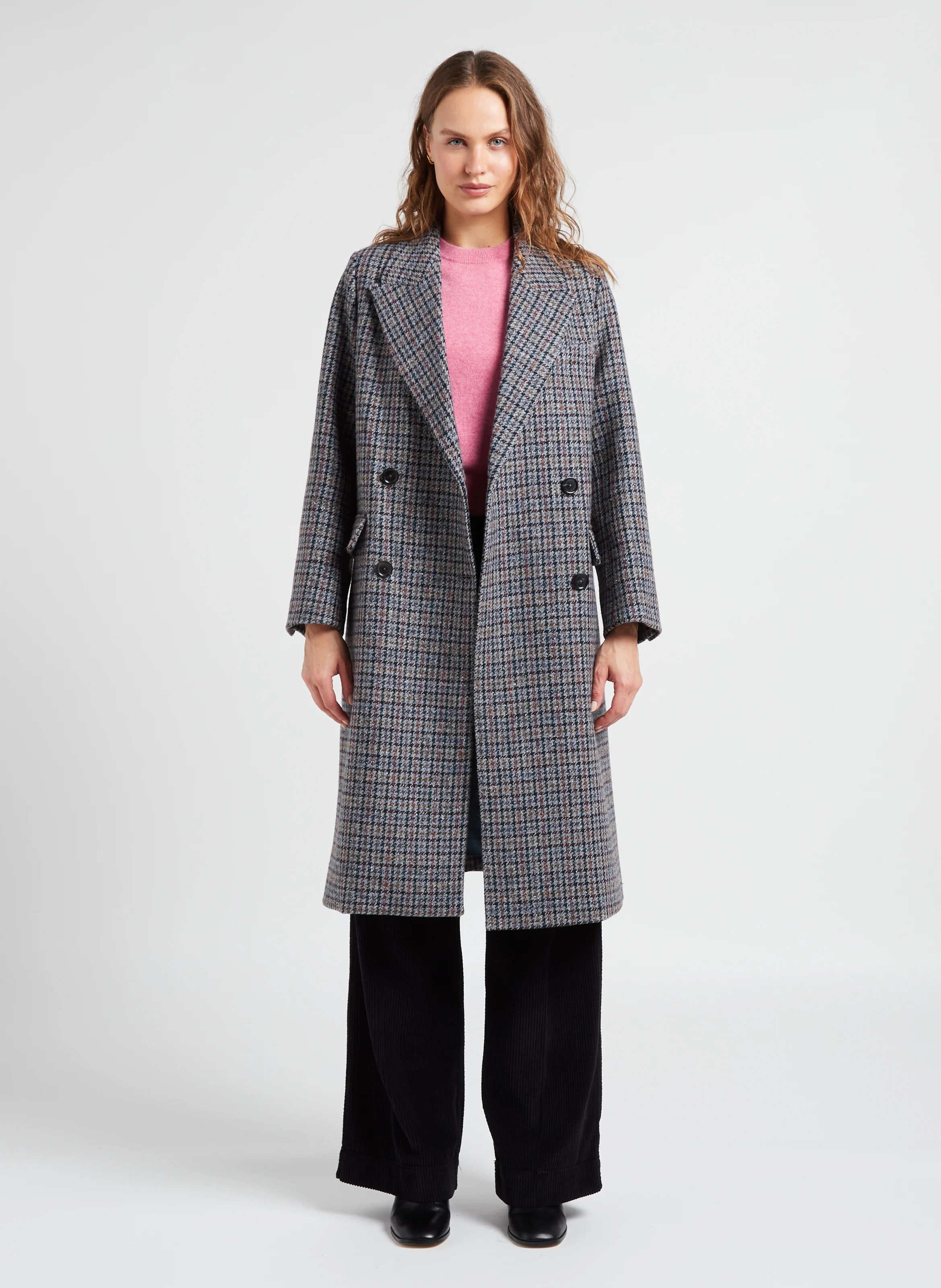 RODEZ - Manteau long col tailleur à carreaux en laine mélangée | Bleu