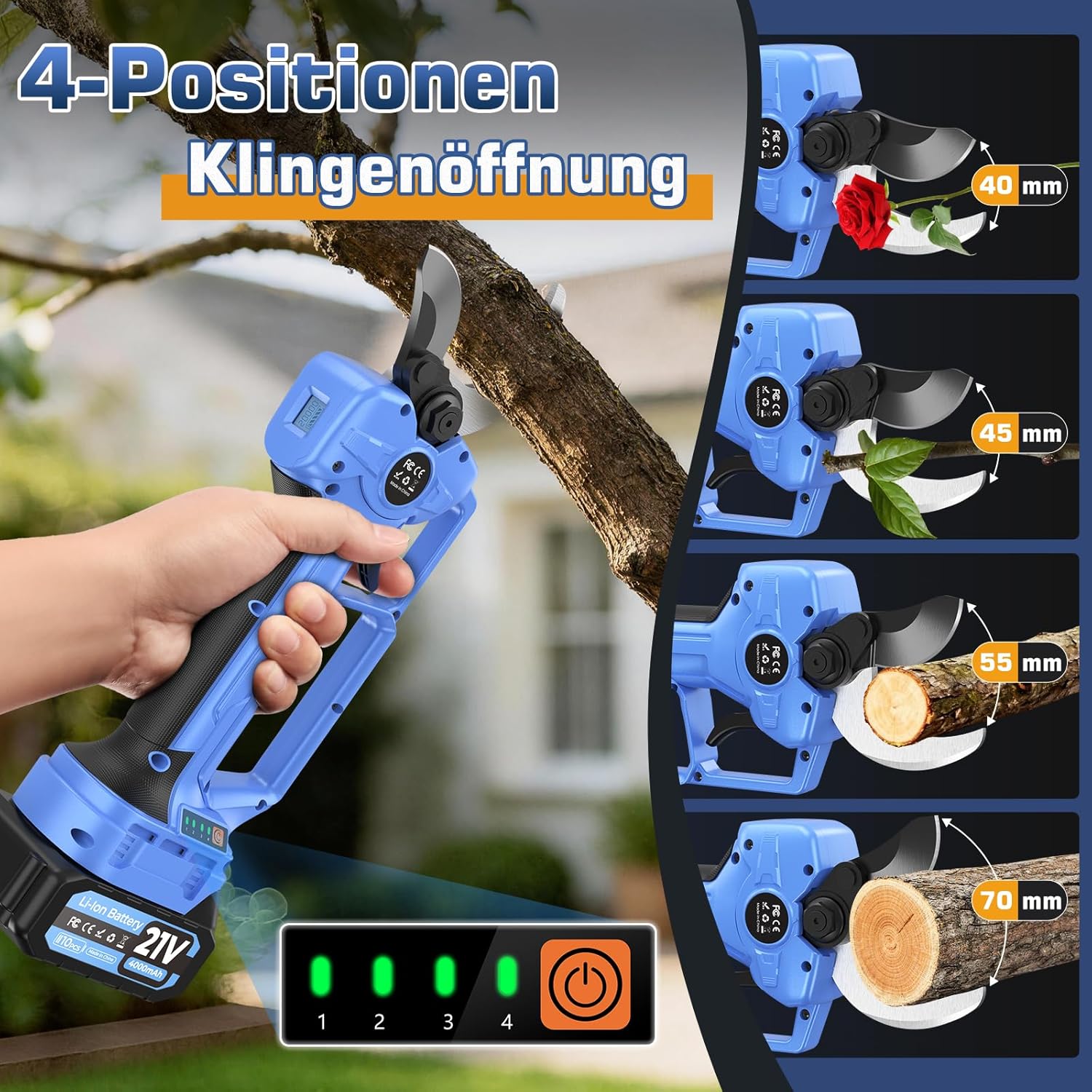 Akku Astschere 70mm, Gartenschere Akku mit 4-Stufige, 2×4000mAh Akku,1000W Bürstenloser Motor Bypass Baumschere, LCD-Display & Sicherheitslock, SK7-Klingen, Elektrische Astschere für Garten, Obstbäume