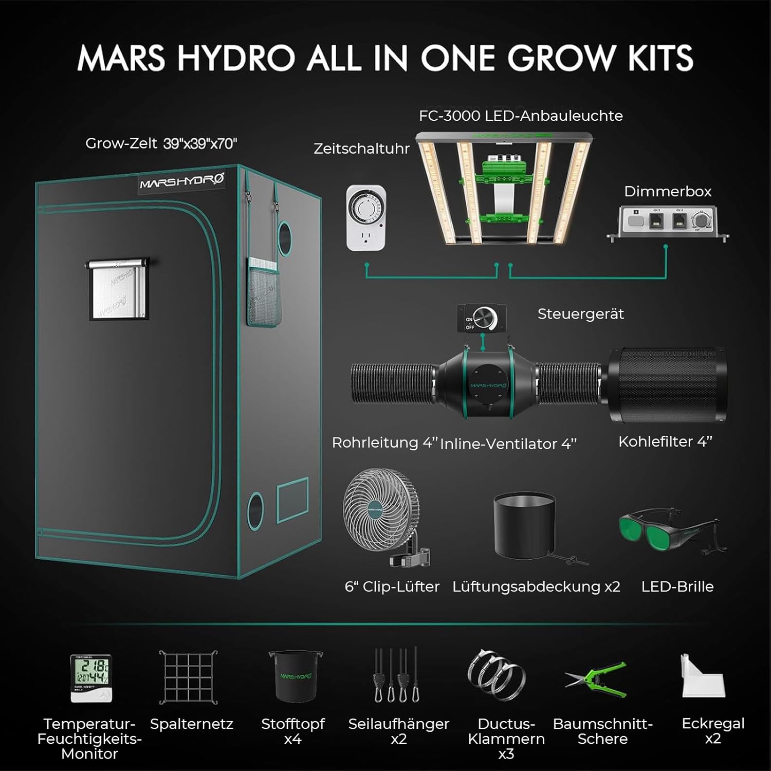 MARS HYDRO Growzelt Komplettset mit FC3000 Samsung LM301H App-Regelung Dimmbarer LED Grow Lampe,100X100X180cm 1680D Hoch Reflektierend Mylar Grow Box Komplettset,4