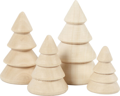 Juletræer I Træ - Julepynt - H 3,3+4,3+5,3+6,3 CM - 4 Stk
