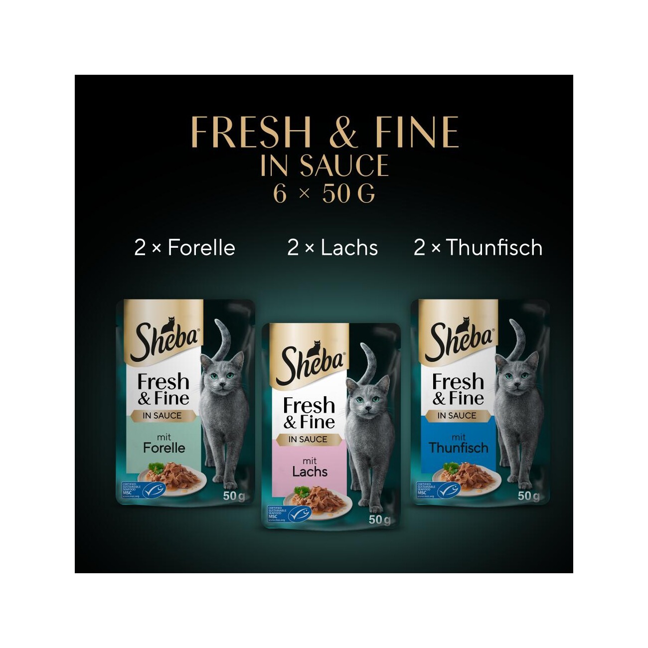 Sheba Fresh & Fine Nassfutter Katze Adult, Multipack, in Sauce 36x50 g Lachs, Thunfisch und Forelle