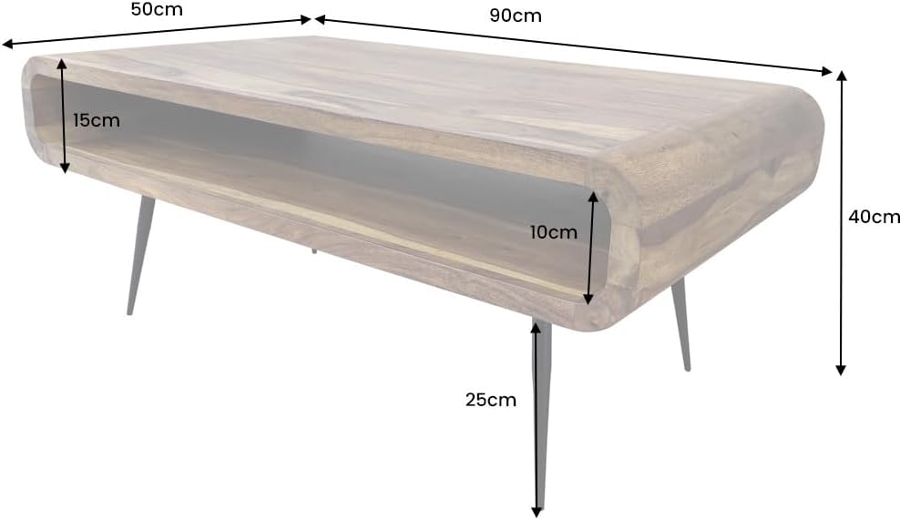 Riess Ambiente Massivholz Couchtisch Alpha 90cm Natur Sheesham Stone Finish Metallbeine mit Stauraum Wohnzimmertisch Wohnraumtisch Sofatisch Holztisch