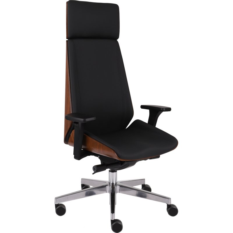 Chaise de bureau ergonomique Moon Wood Simili cuir, avec appui-tête, accoudoirs 3D, mécanisme synchrone + réglage profondeur d'assise, pieds chromé