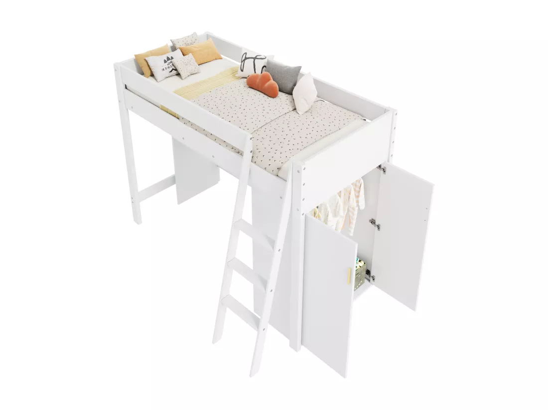 Lit mezzanine 90x200cm en bois - avec bureau et armoire modulable - Blanc